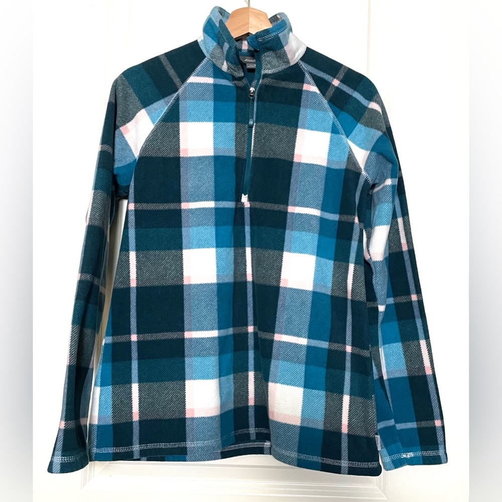 Eddie Bauer Women’s 1/4 Zip Fleece Pullover Sweater, green pink plaid